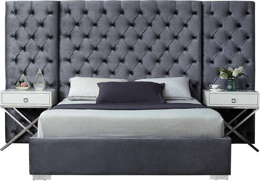 Meridian Furniture - Grande Velvet Queen Bed In Grey - Grandegrey-Q - ATL FURNITURE