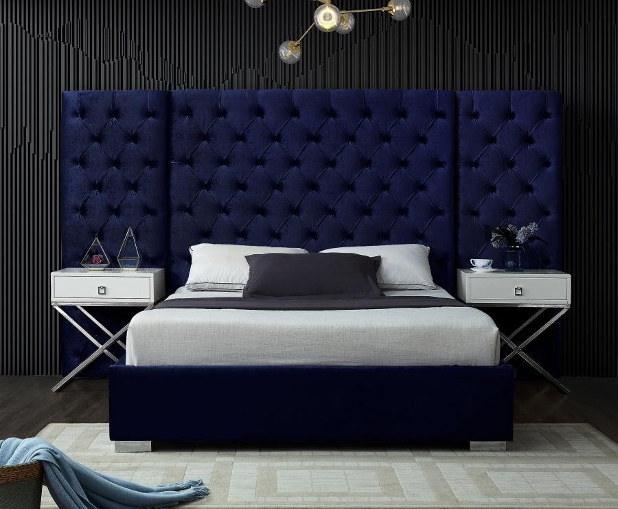 Meridian Furniture - Grande Velvet Queen Bed In Navy - Grandenavy-Q - ATL FURNITURE