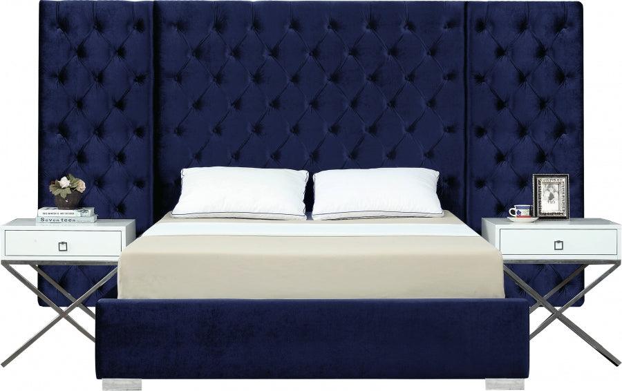Meridian Furniture - Grande Velvet Queen Bed In Navy - Grandenavy-Q - ATL FURNITURE