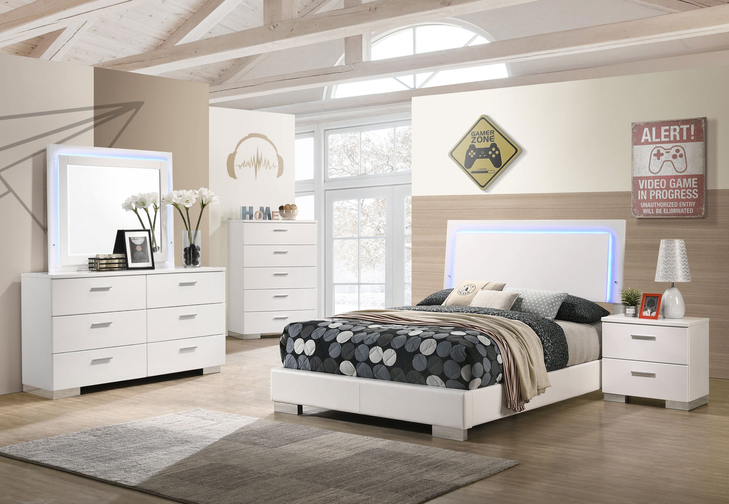 Felicity Full Panel Bed with LED Lighting Glossy White