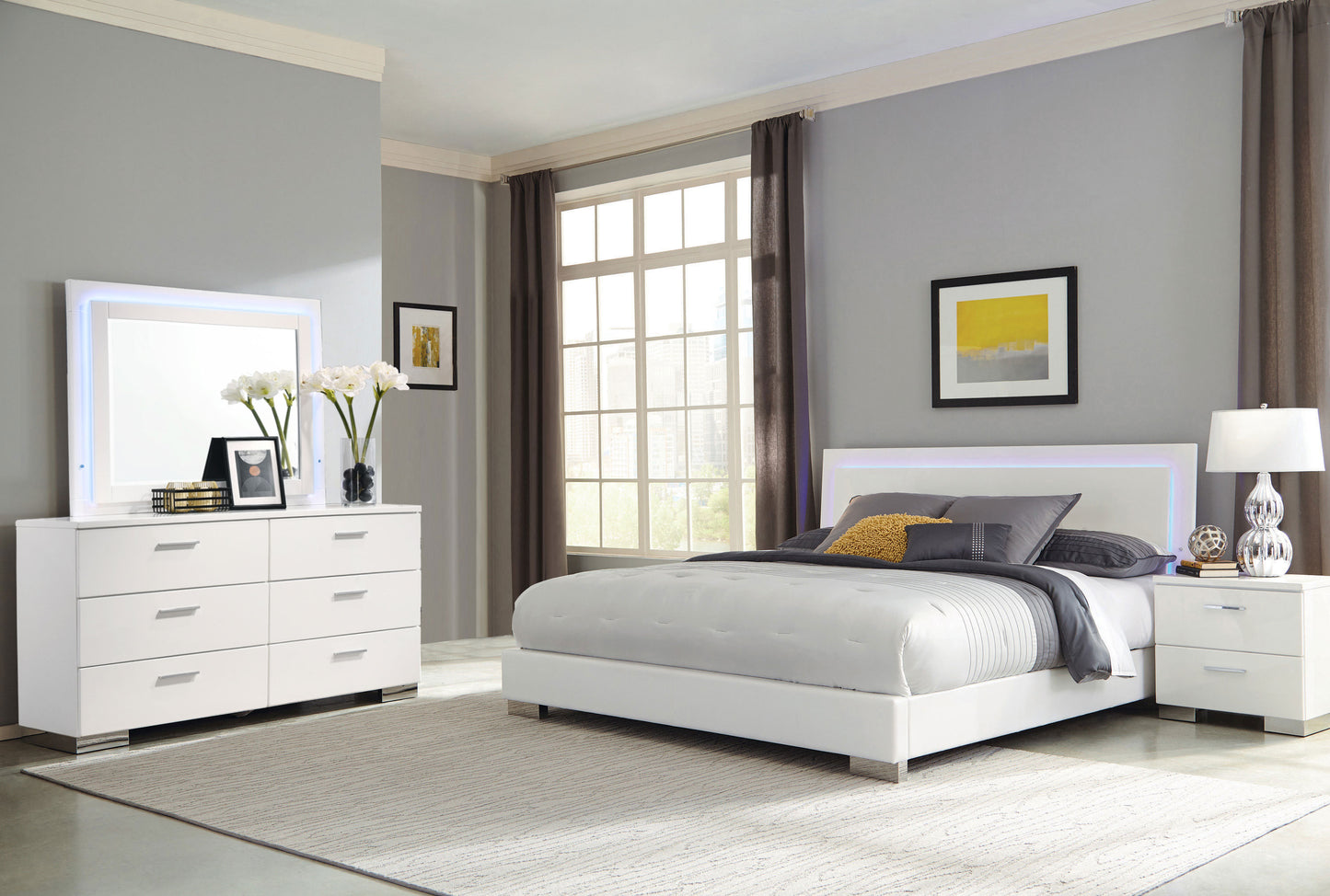 Felicity Wood Eastern King LED Panel Bed White High Gloss