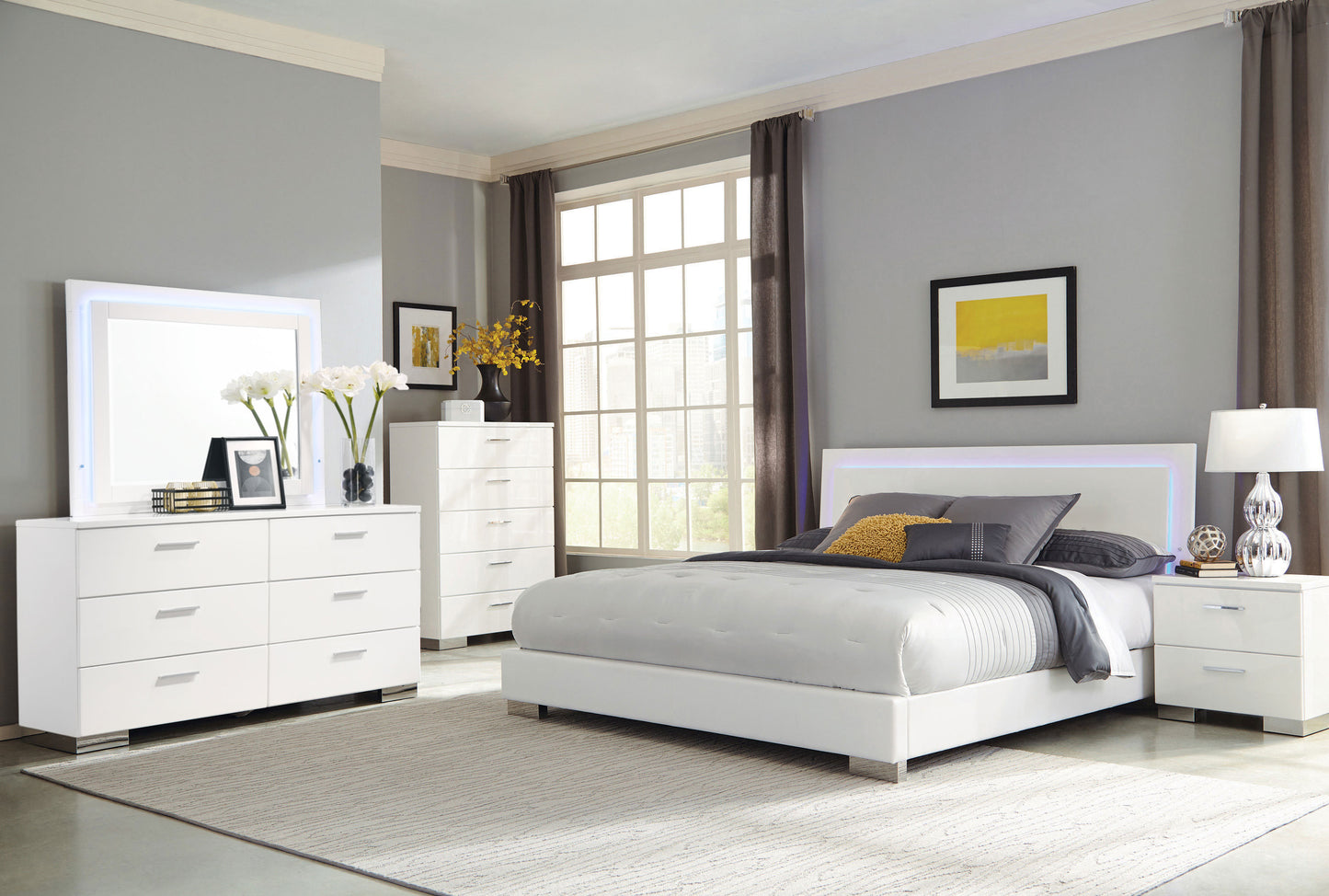 Felicity Wood Eastern King LED Panel Bed White High Gloss