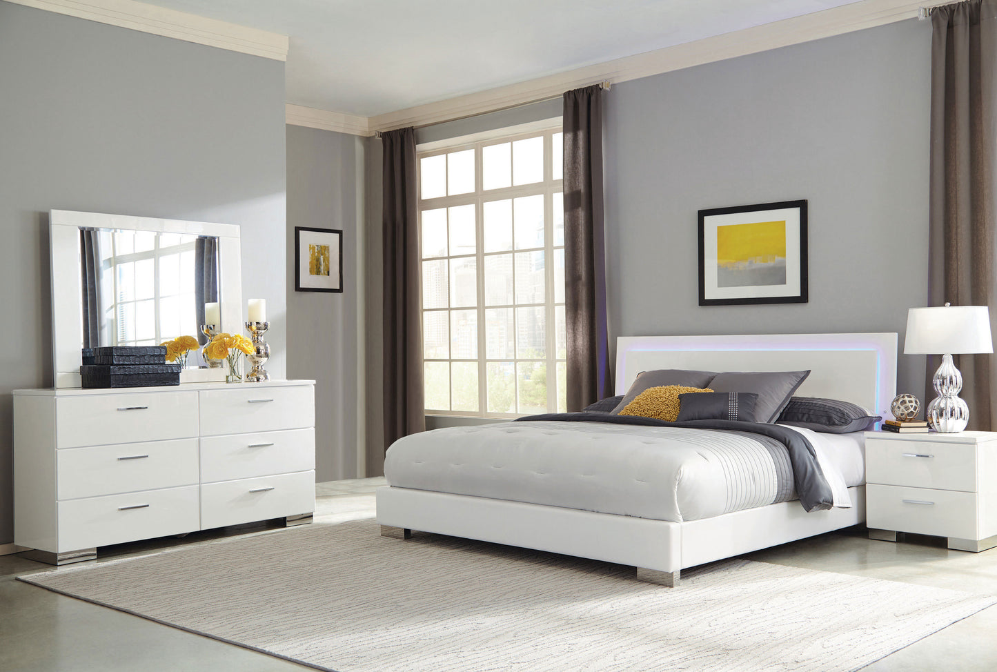 Felicity Wood Queen LED Panel Bed White High Gloss