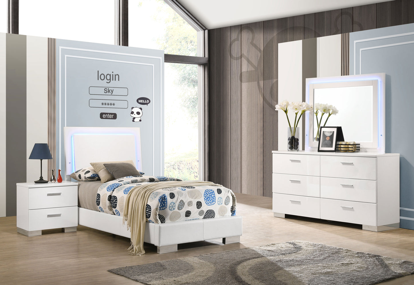 Felicity Twin Panel Bed with LED Lighting Glossy White