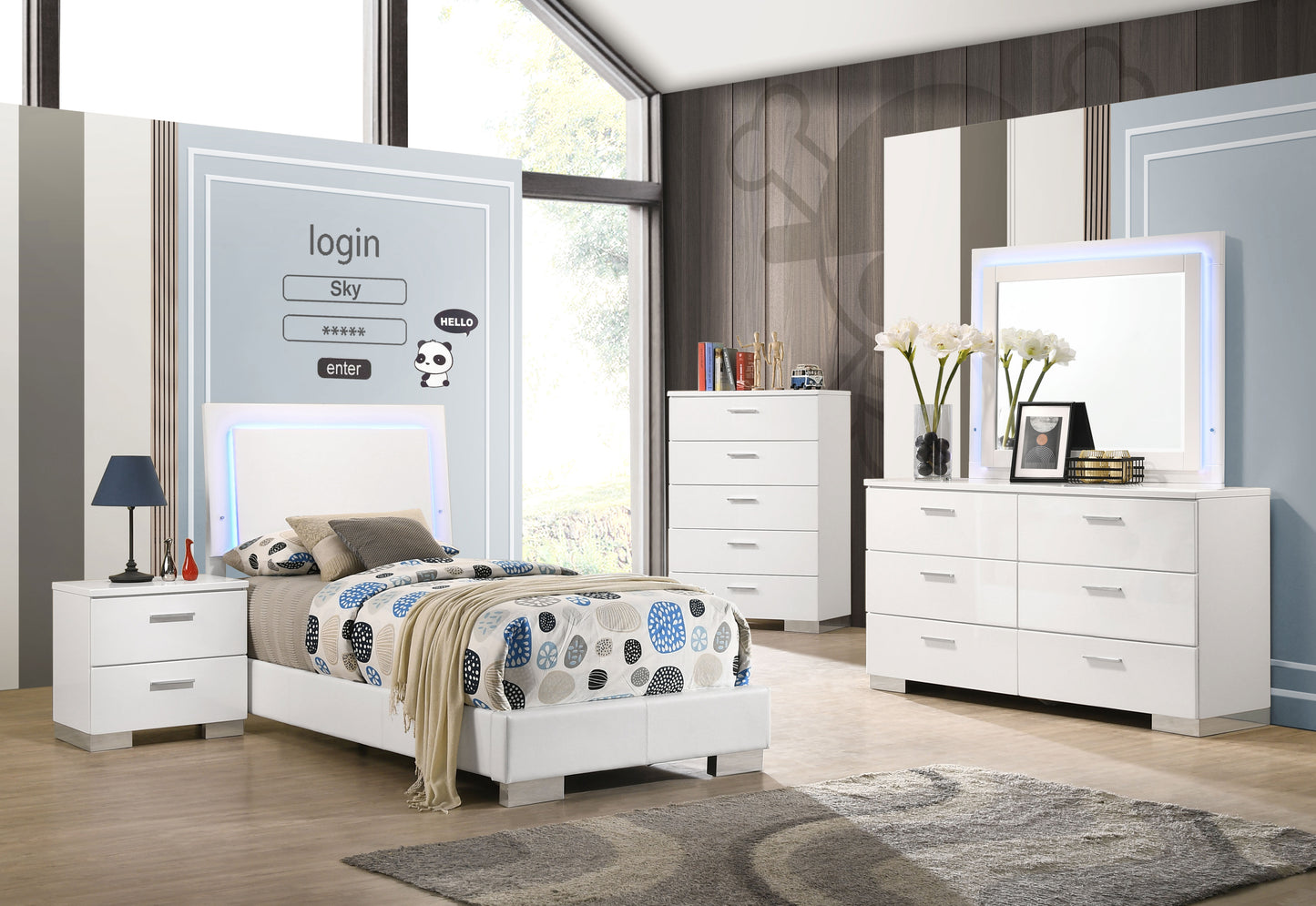 Felicity Twin Panel Bed with LED Lighting Glossy White