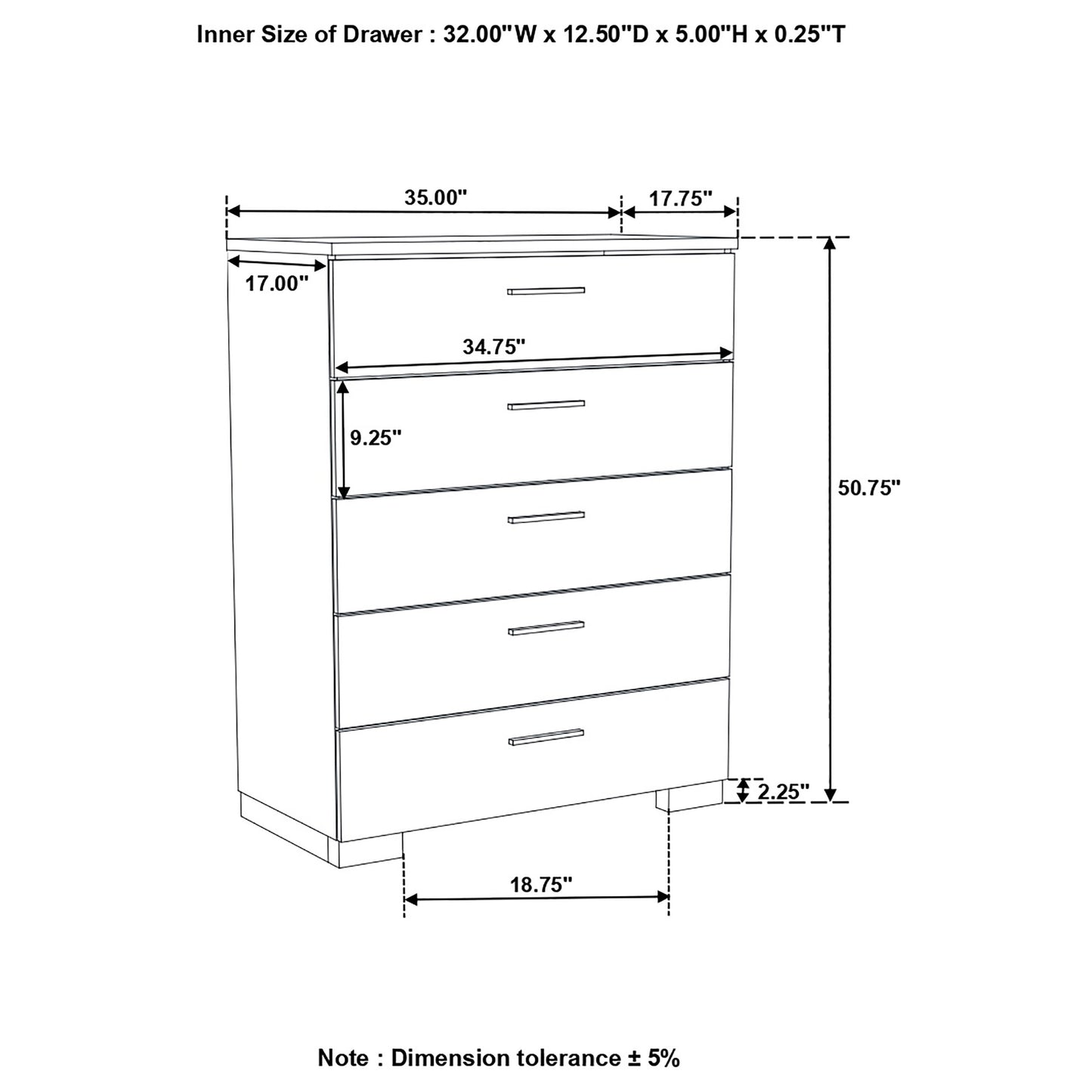 Felicity 5-drawer Bedroom Chest White High Gloss