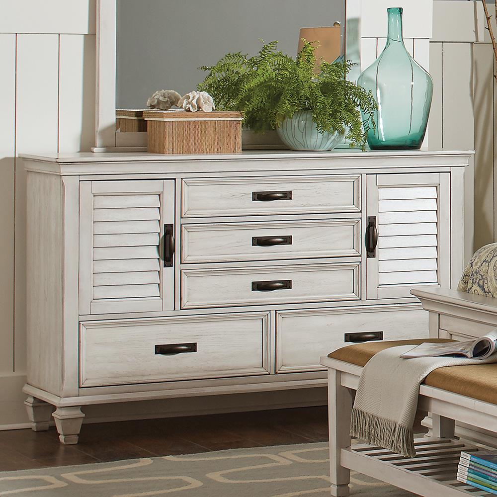 Franco Antique White Five-Drawer Chest With Louvered Panel Doors - ATL FURNITURE