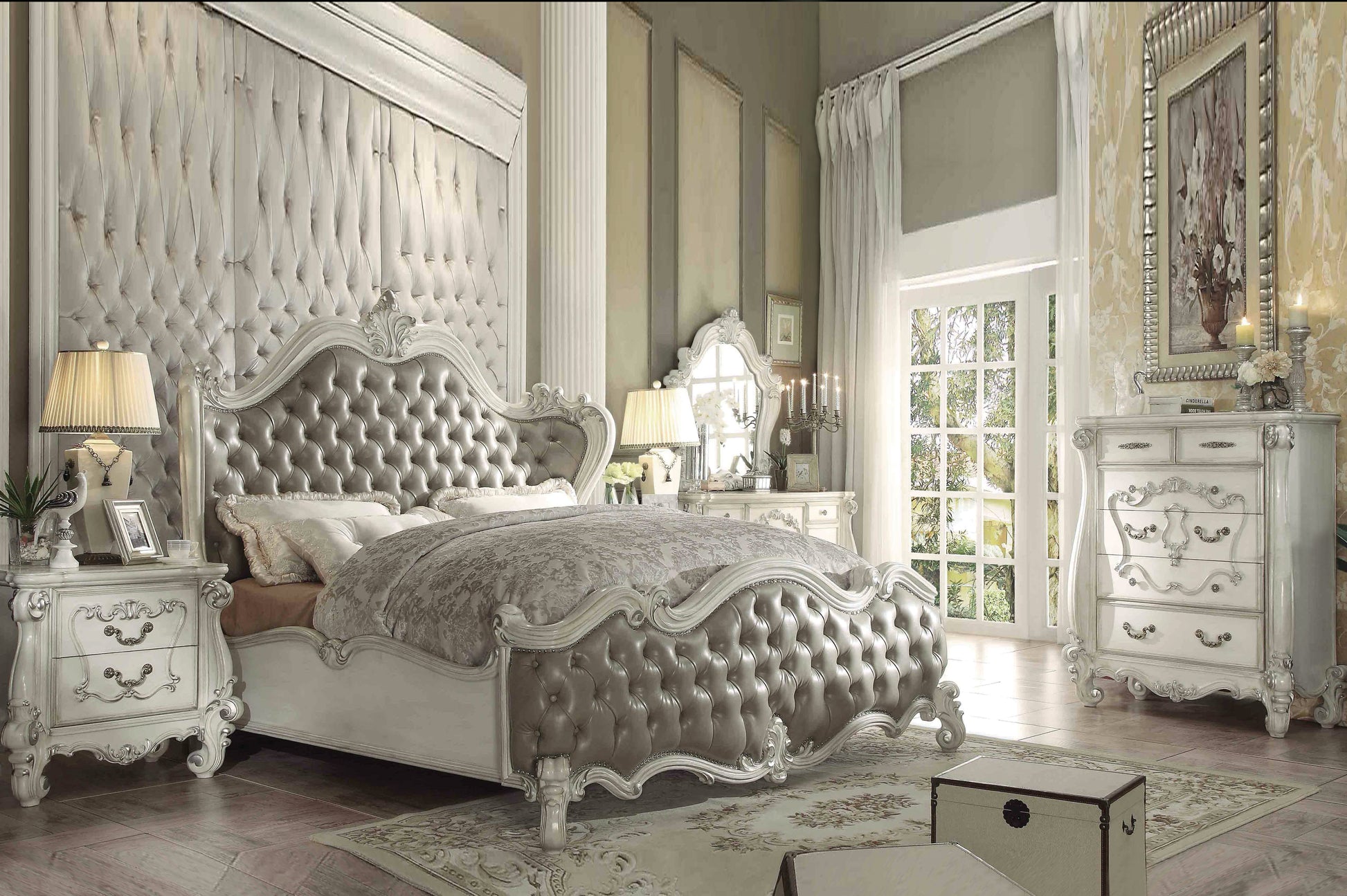 Versailles Vintage Gray PU & Bone White Eastern King Bed - ATL FURNITURE