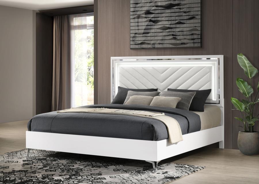 Cassia Eastern King Led Panel Bed White High Gloss
