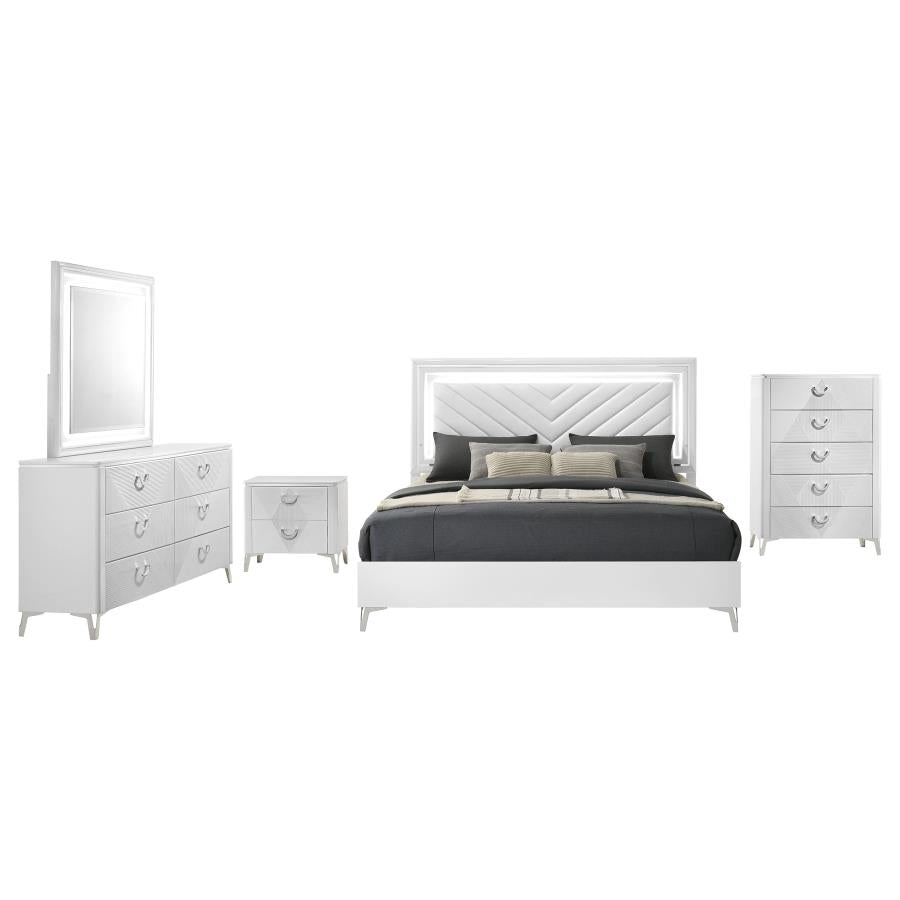 Cassia 5-Piece Queen Led Bedroom Set White High Gloss
