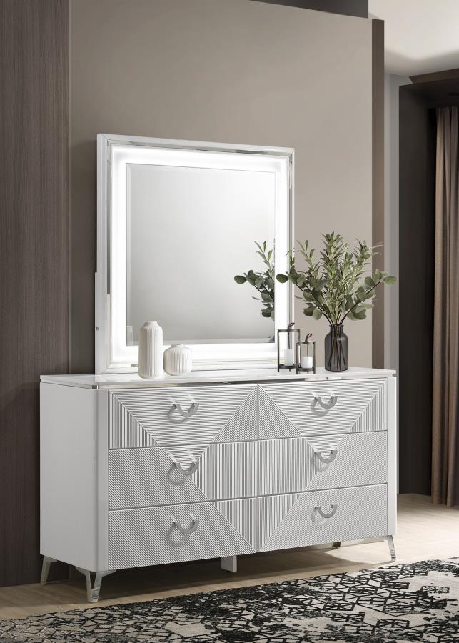 Cassia 6-Drawer Dresser Cabinet With Mirror White High Gloss