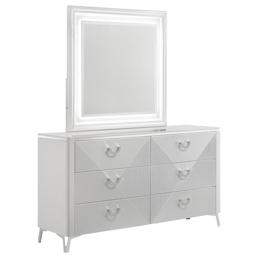 Cassia 6-Drawer Dresser Cabinet With Mirror White High Gloss