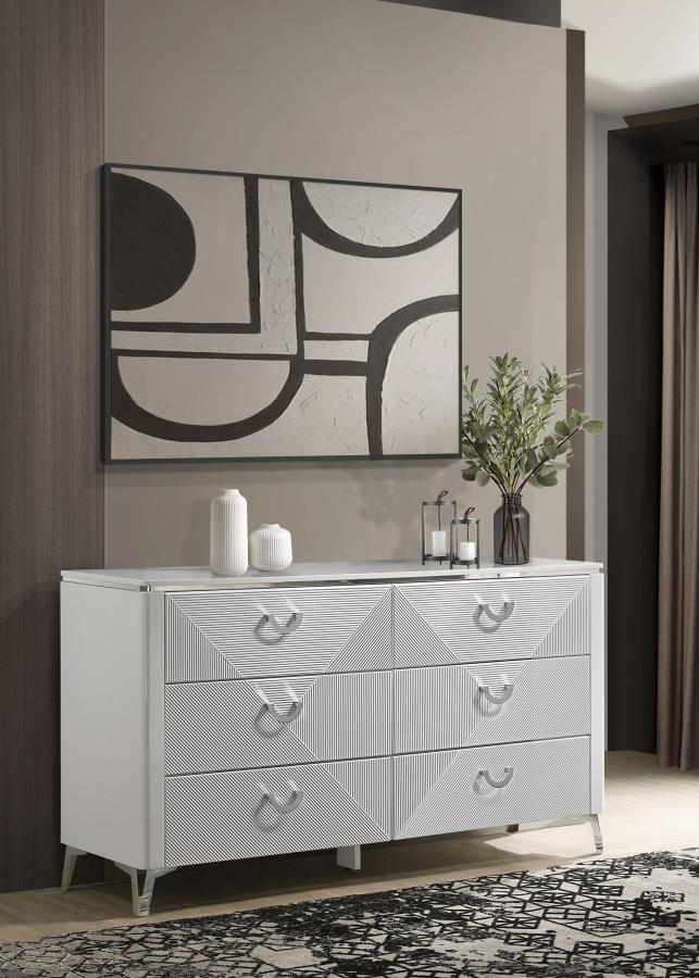 Cassia 6-Drawer Bedroom Dresser Cabinet White High Gloss