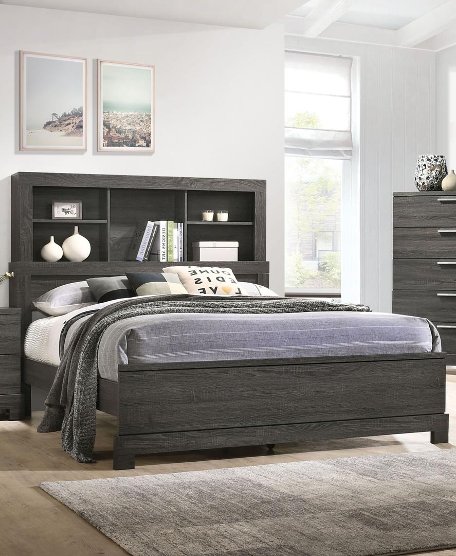 Lantha Queen Bookcase Panel Bed in Grey Oak - ATL FURNITURE