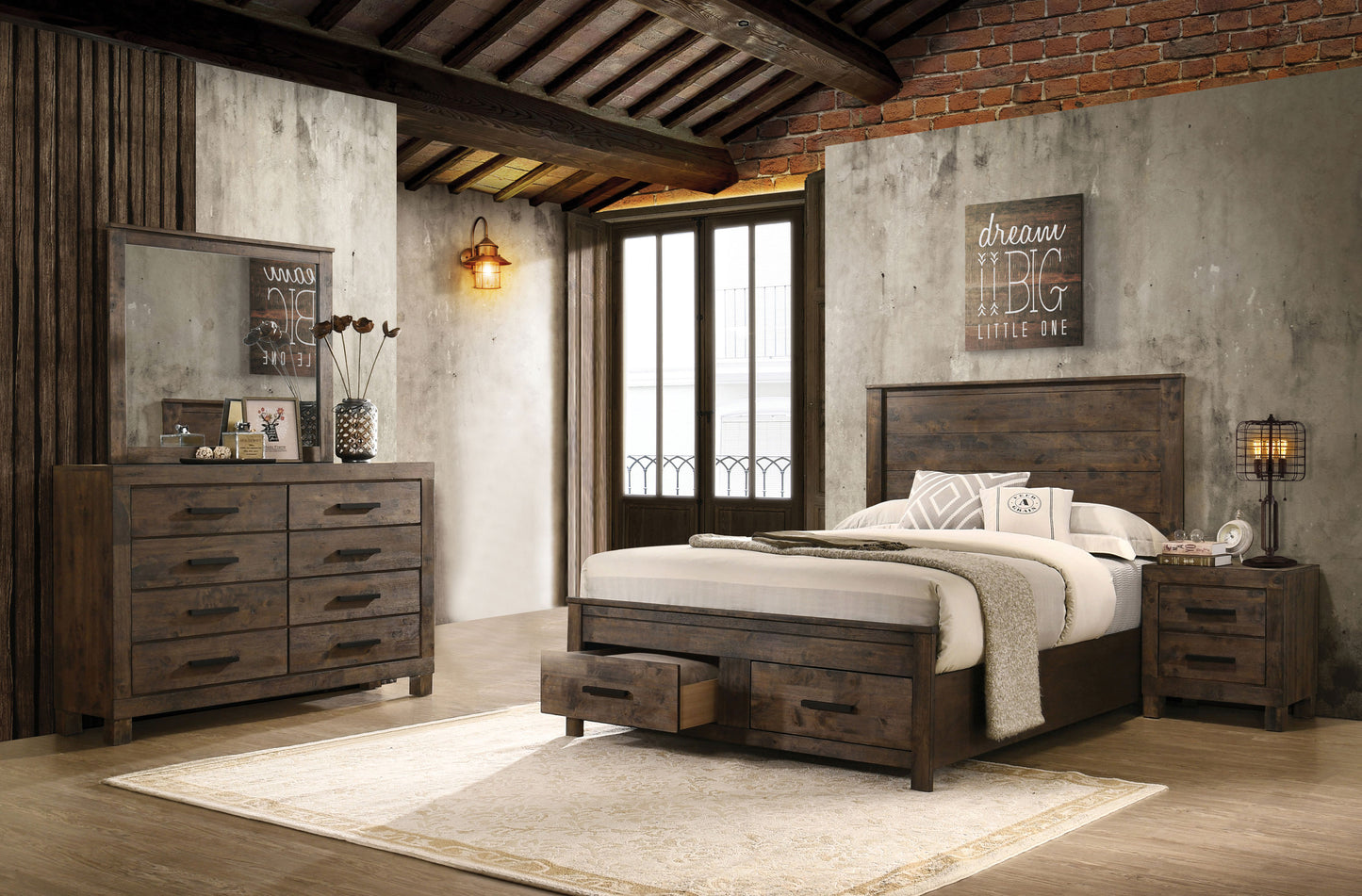 Woodmont Eastern King Storage Bed Rustic Golden Brown