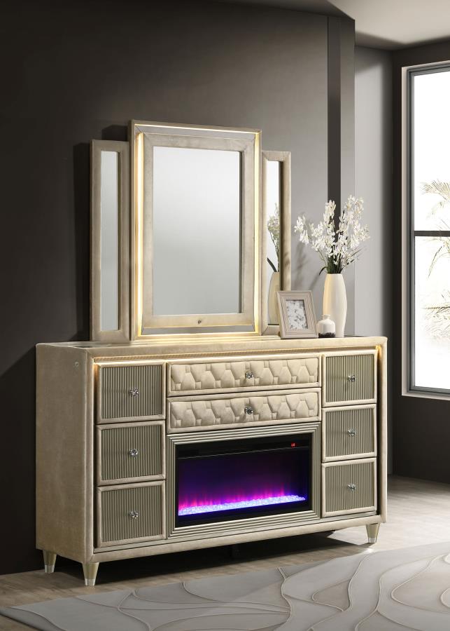 Lorient 8-Drawer Led Flame Box Dresser And Mirror Ivory Camel
