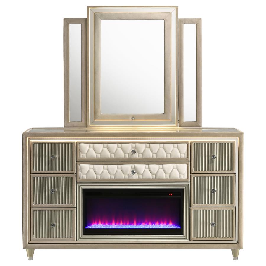 Lorient 8-Drawer Led Flame Box Dresser And Mirror Ivory Camel