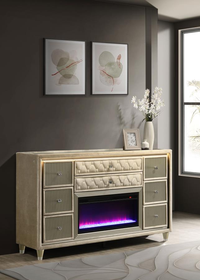Lorient 8-Drawer Led Bedroom Flame Box Dresser Ivory Camel
