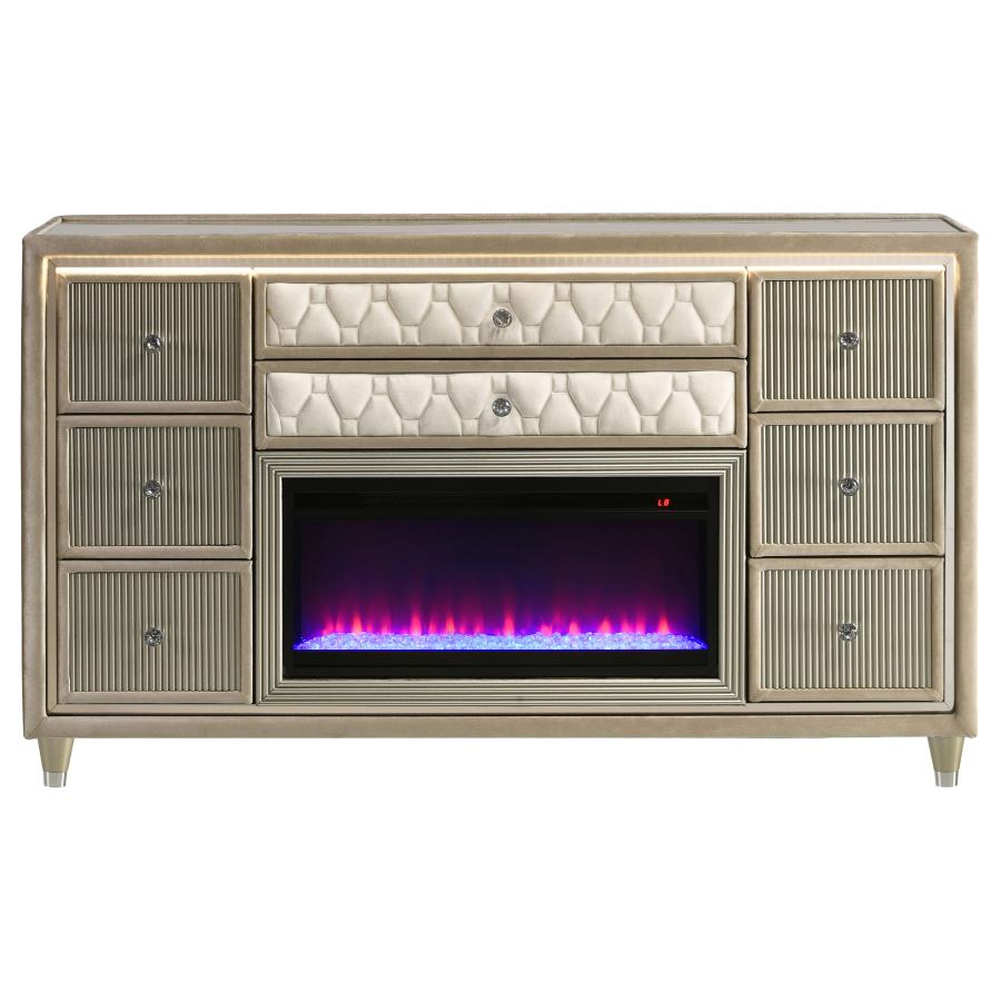Lorient 8-Drawer Led Bedroom Flame Box Dresser Ivory Camel