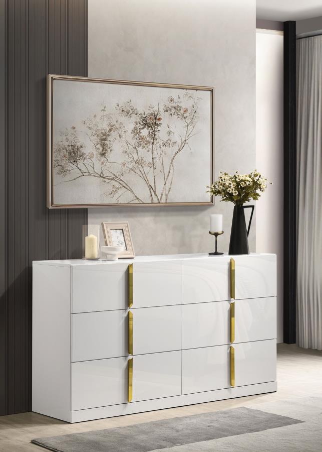 Ines 6-Drawer Bedroom Dresser Cabinet White High Gloss