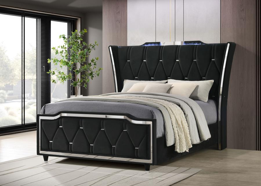 Lorient Queen Led Upholstered Wingback Bed Black