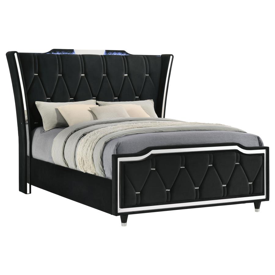 Lorient Queen Led Upholstered Wingback Bed Black
