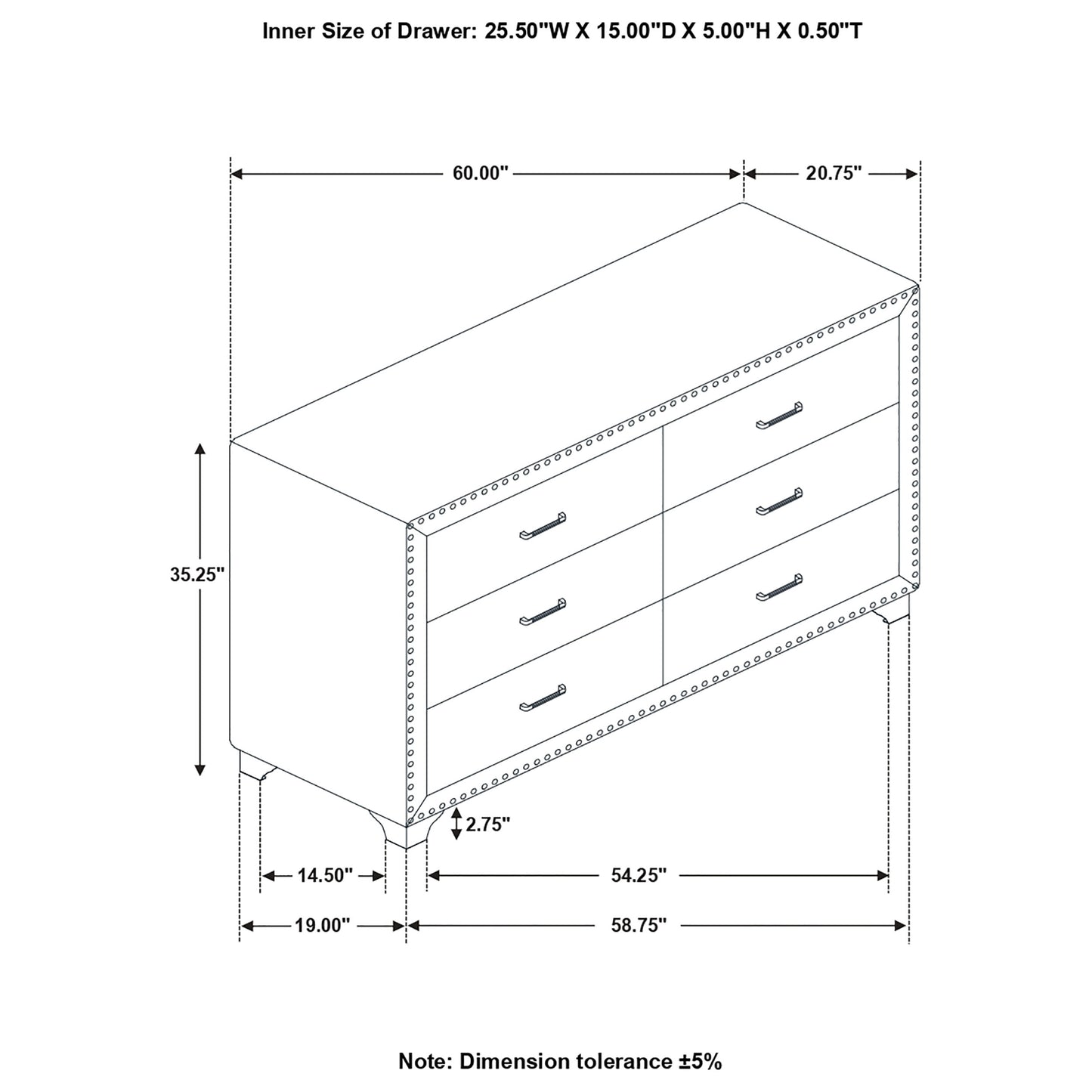 Melody 6-drawer Upholstered Dresser Pacific Blue