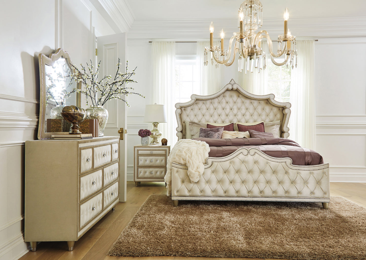 Antonella Upholstered Eastern King Panel Bed Ivory and Camel