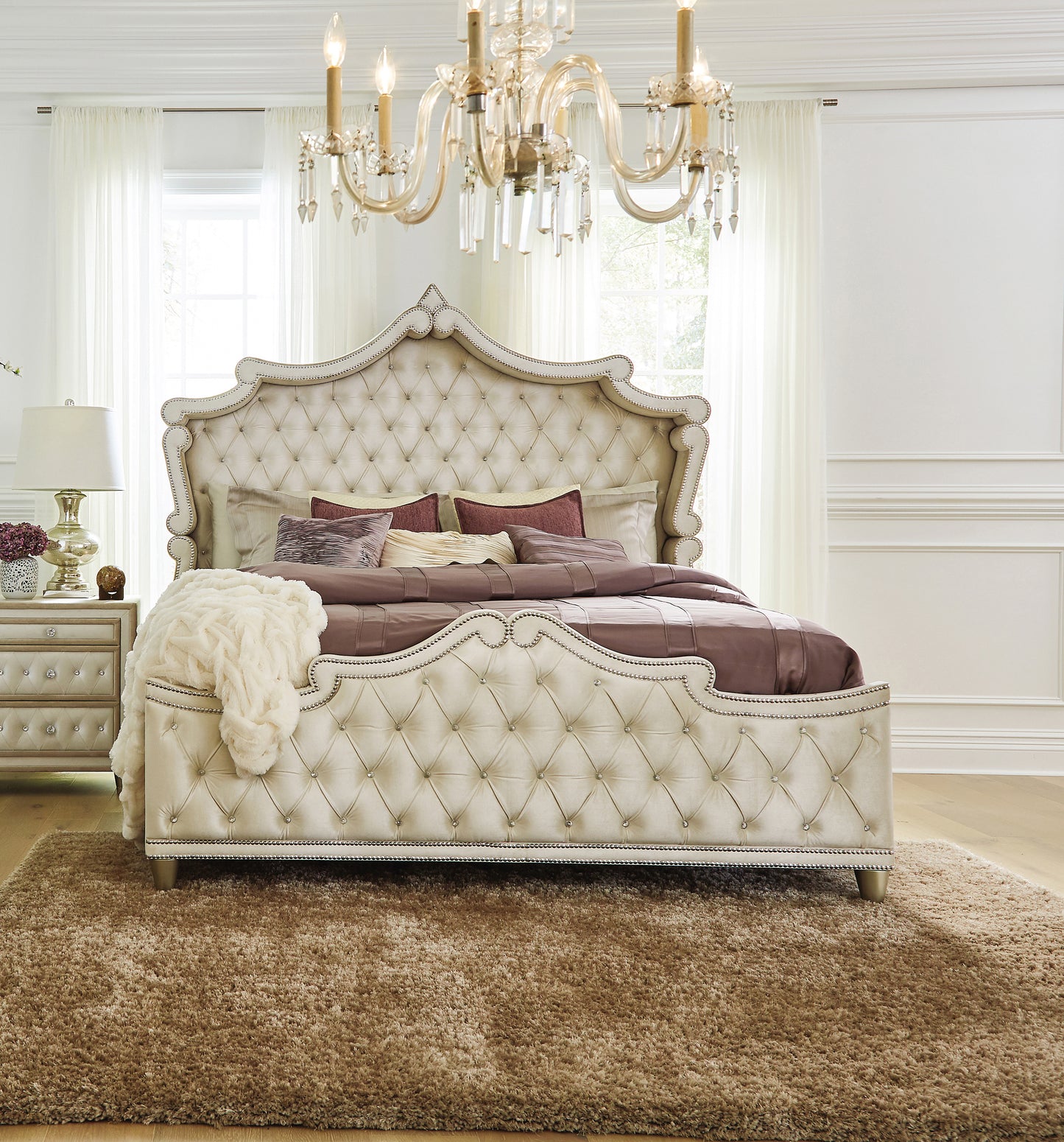 Antonella Upholstered Eastern King Panel Bed Ivory and Camel