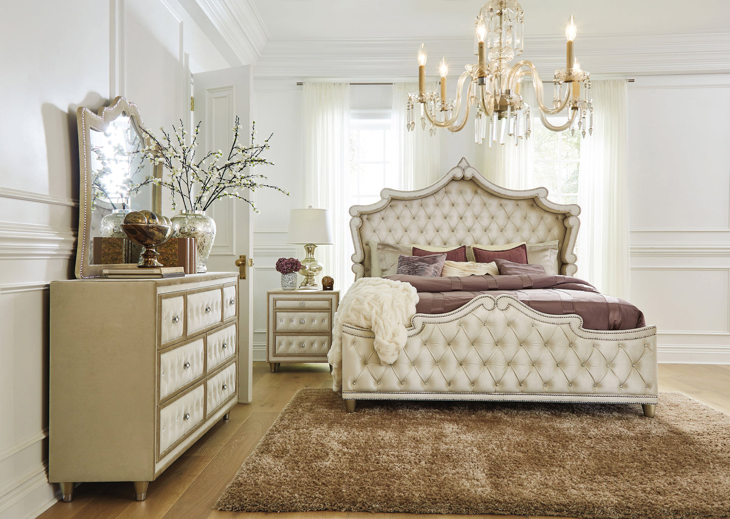 Antonella Upholstered Eastern King Panel Bed Ivory and Camel