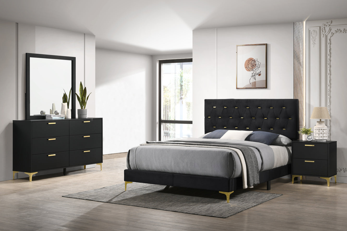 Kendall Tufted Panel Queen Bed Black and Gold