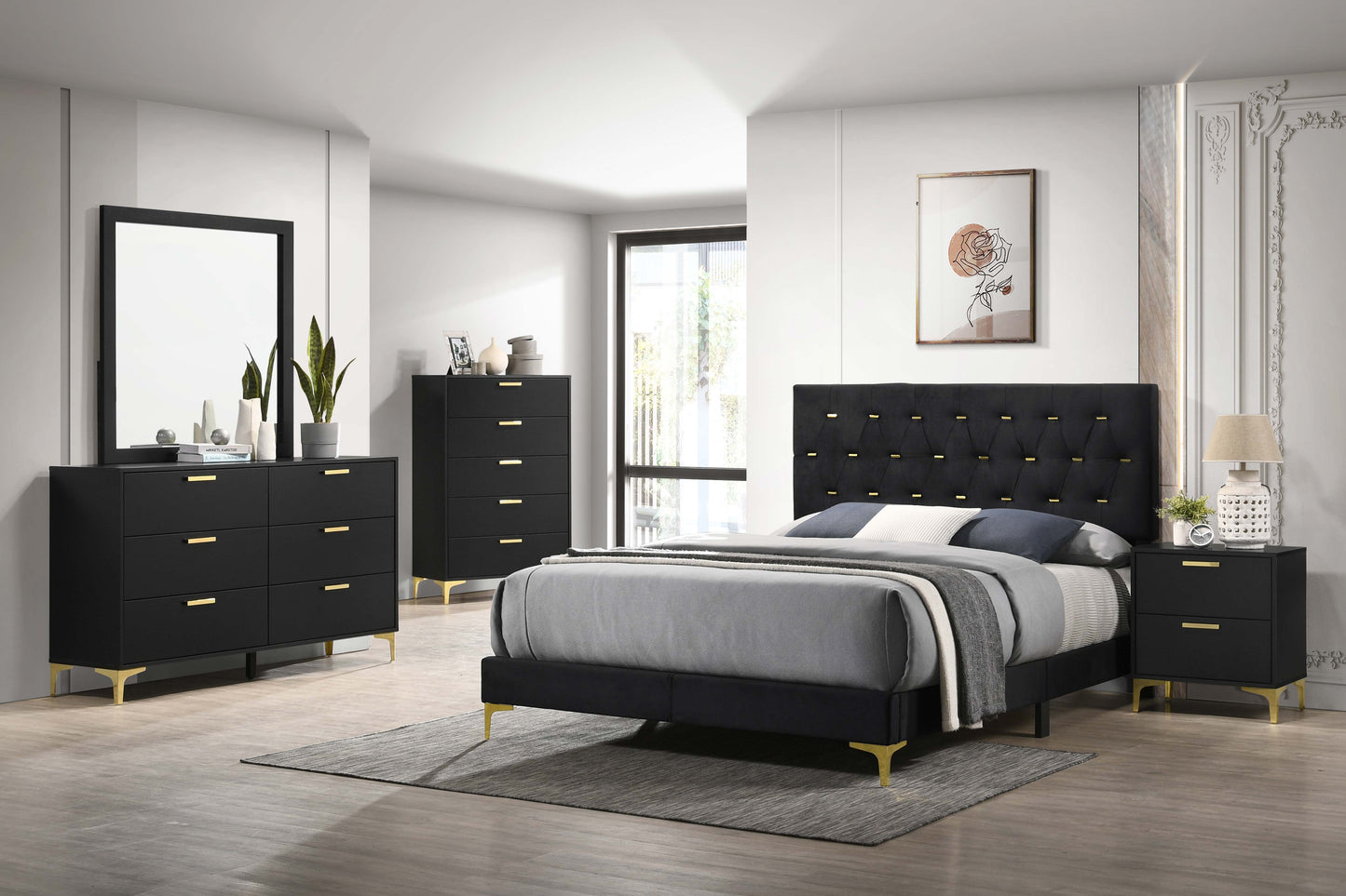 Kendall Tufted Panel Queen Bed Black and Gold