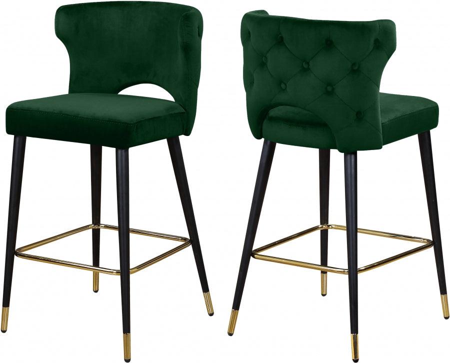 Meridian Furniture - Kelly Velvet Counter Stool Set Of 2 In Green - 791Green-C - ATL FURNITURE