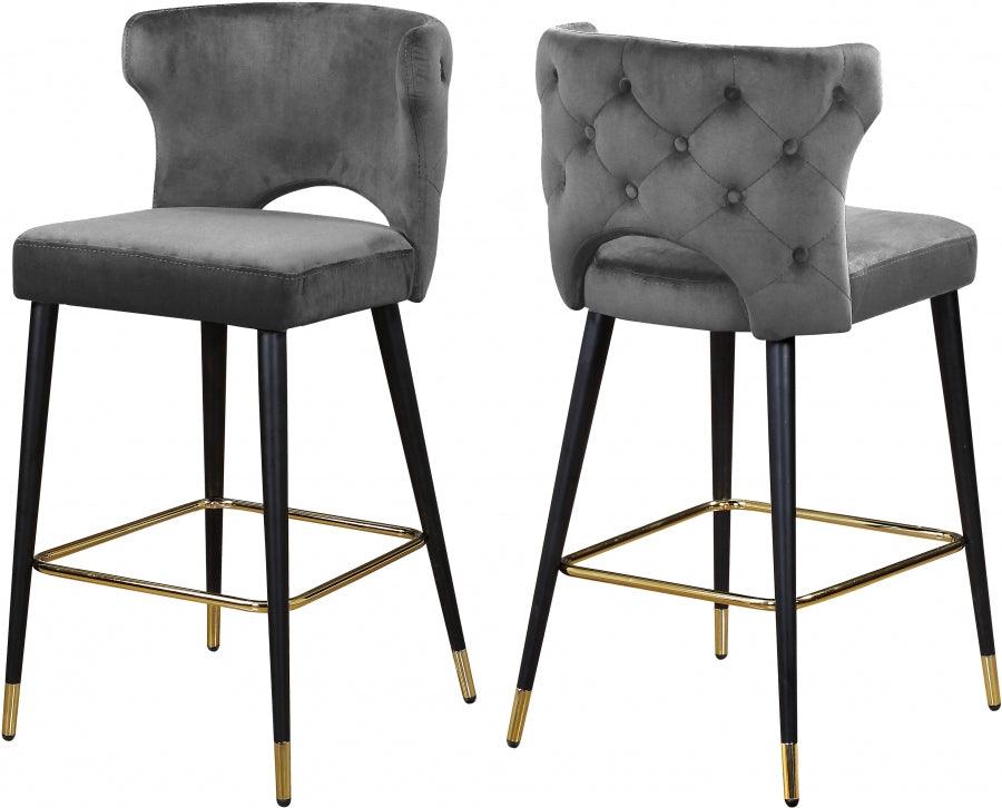 Meridian Furniture - Kelly Velvet Counter Stool Set Of 2 In Grey - 791Grey-C - ATL FURNITURE