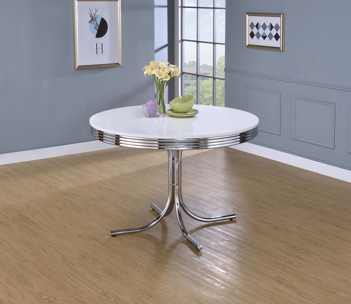 Retro Round 42-inch Wood Top Dining Table White and Chrome