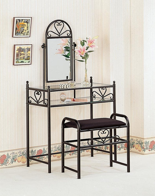 Traditional Black Vanity With Glass Top and Fabric Stool - ATL FURNITURE