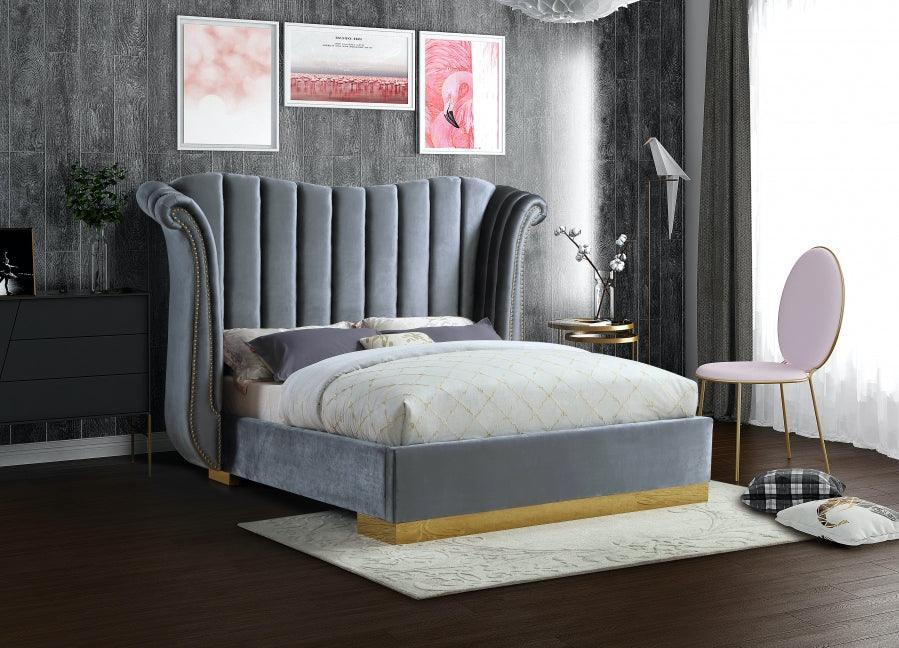 Flora Velvet Queen Bed In Grey - ATL FURNITURE