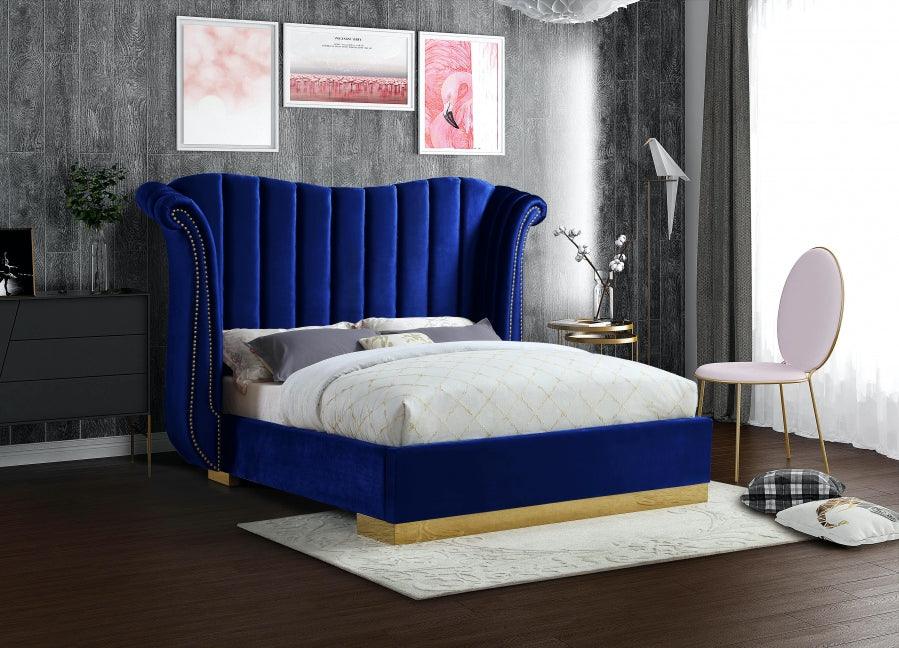 Flora Velvet Queen Bed In Navy - ATL FURNITURE