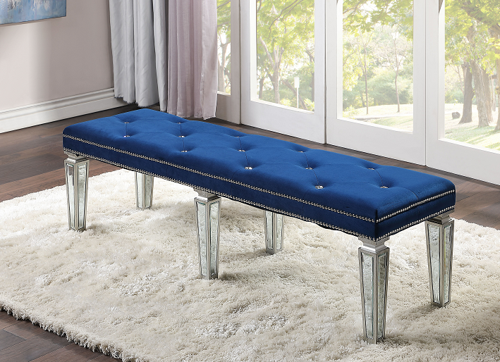 Varian Blue Velvet & Mirrored Bench - ATL FURNITURE