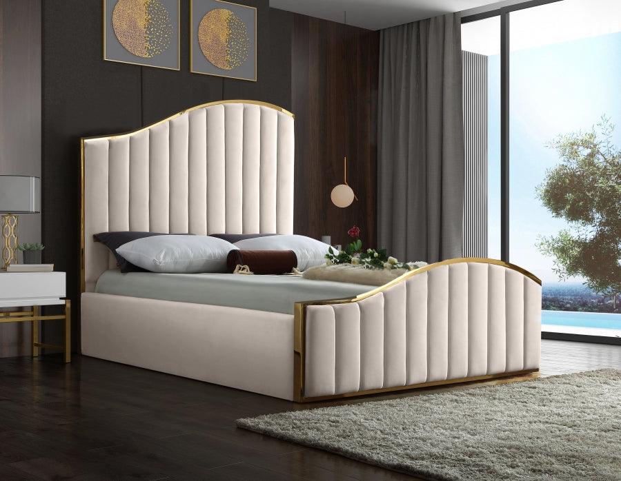 Jolie Velvet King Bed In Cream - Joliecream-K - ATL FURNITURE