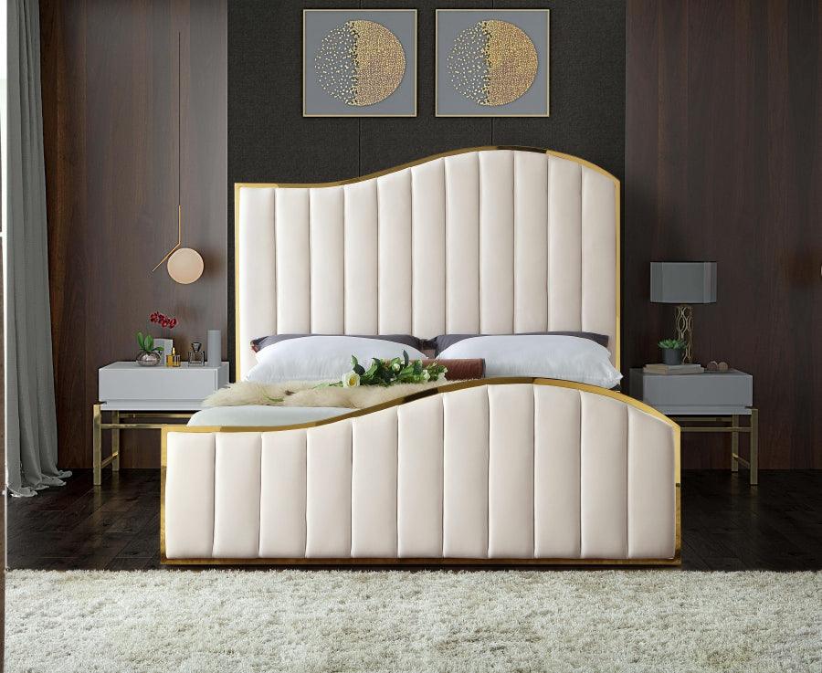 Jolie Velvet King Bed In Cream - Joliecream-K - ATL FURNITURE