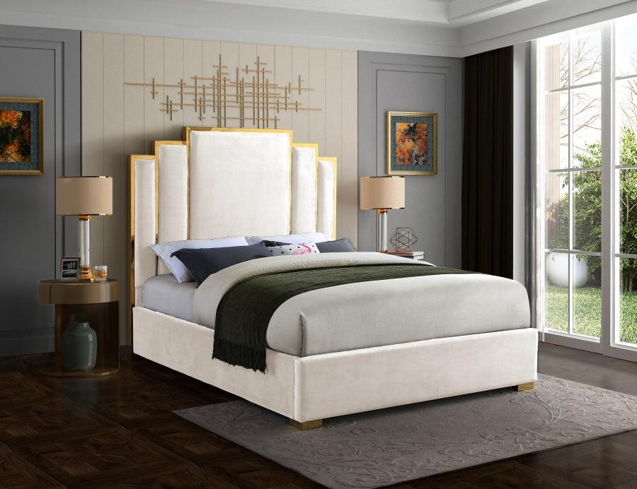 Hugo Velvet King Bed In Cream - ATL FURNITURE