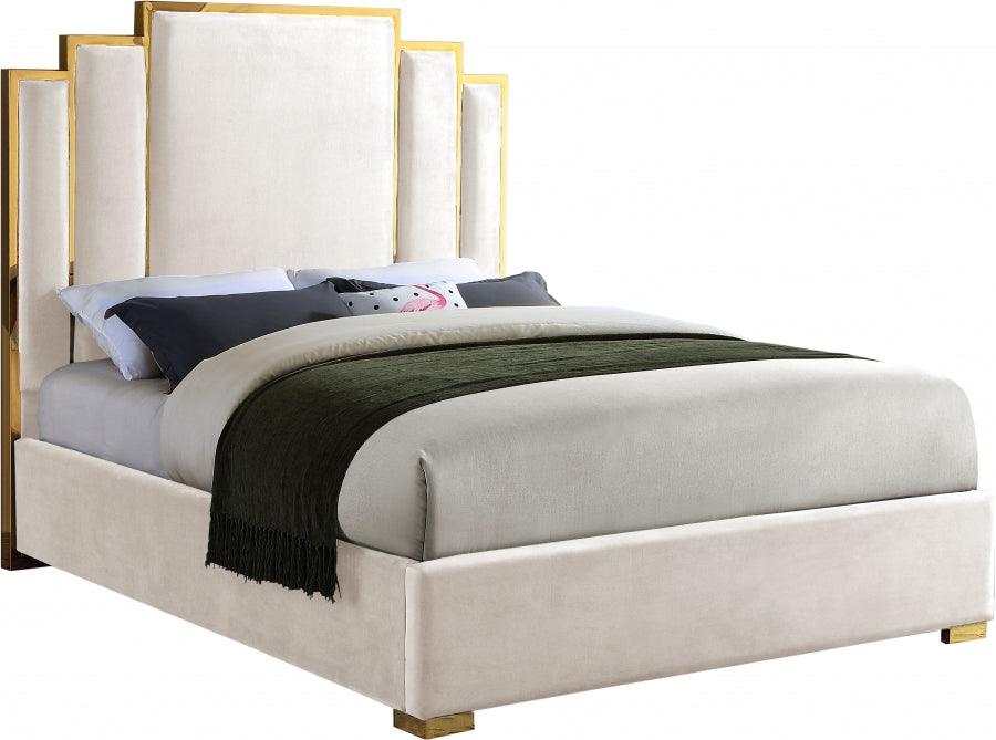 Hugo Velvet Queen Bed In Cream - ATL FURNITURE