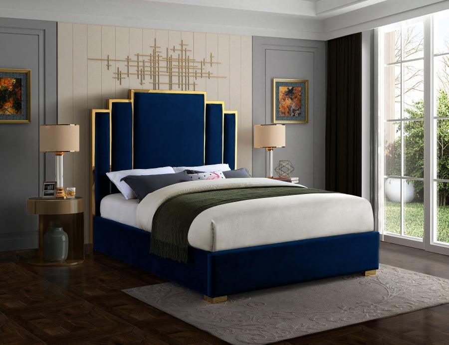 Hugo Velvet Queen Bed In Navy - ATL FURNITURE