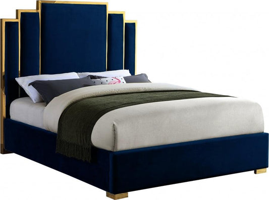 Hugo Velvet King Bed In Navy - ATL FURNITURE