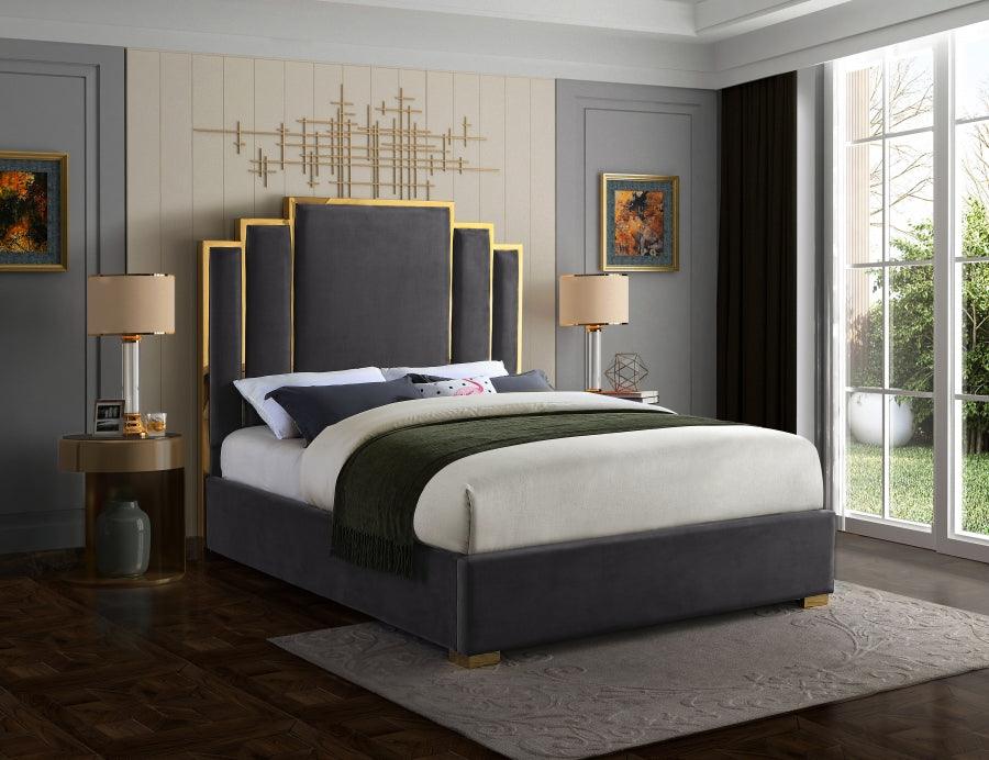 Hugo Velvet King Bed In Grey - - ATL FURNITURE