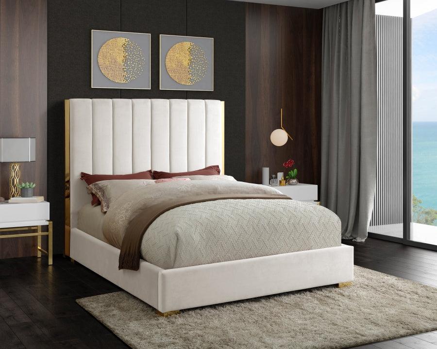 Meridian Furniture - Becca Velvet Queen Bed In Cream - Beccacream-Q - ATL FURNITURE