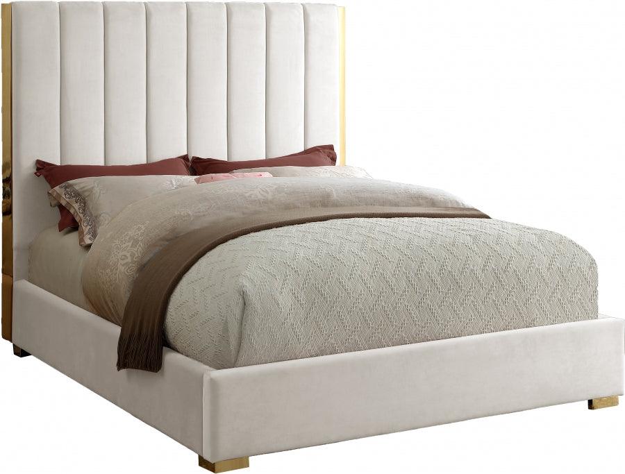 Meridian Furniture - Becca Velvet Queen Bed In Cream - Beccacream-Q - ATL FURNITURE