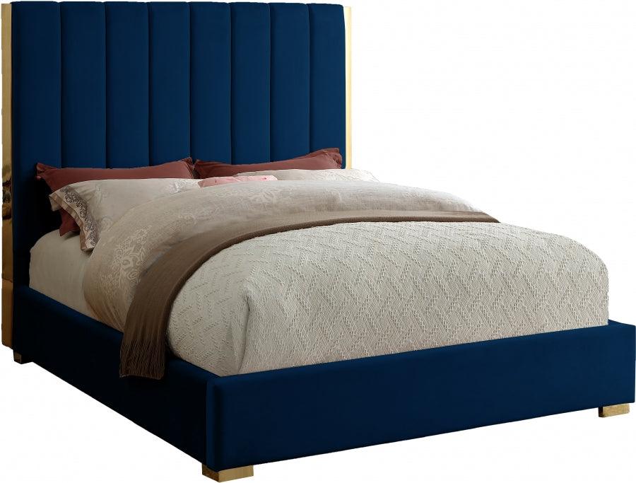 Meridian Furniture - Becca Velvet Queen Bed In Navy - Beccanavy-Q - ATL FURNITURE