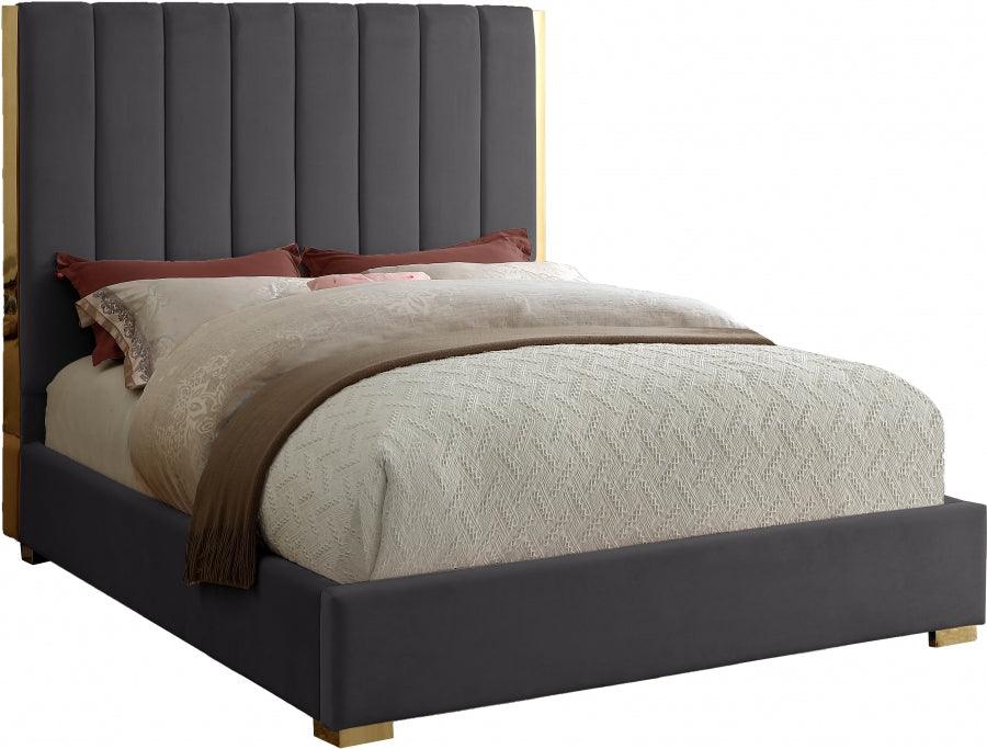 Meridian Furniture - Becca Velvet Queen Bed In Grey - Beccagrey-Q - ATL FURNITURE